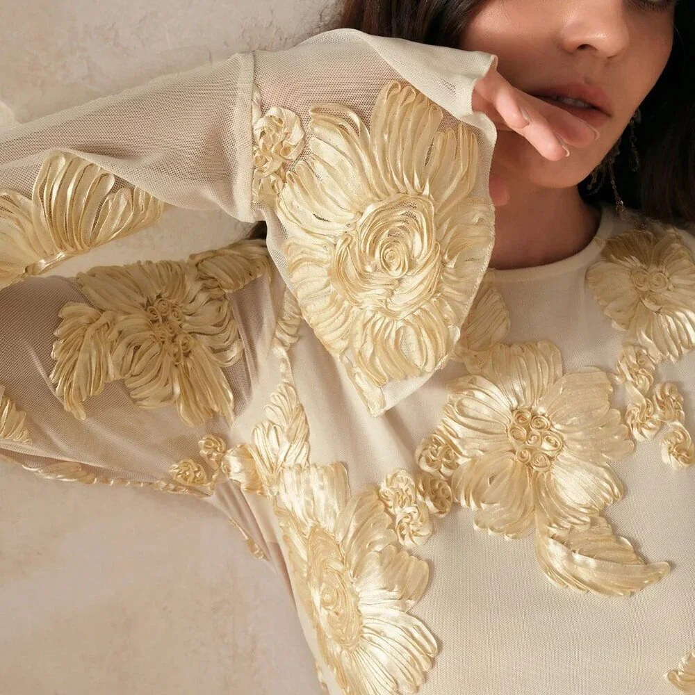 Apricot Elegant Women's Floral Embroidered Backless Fishtail Dress